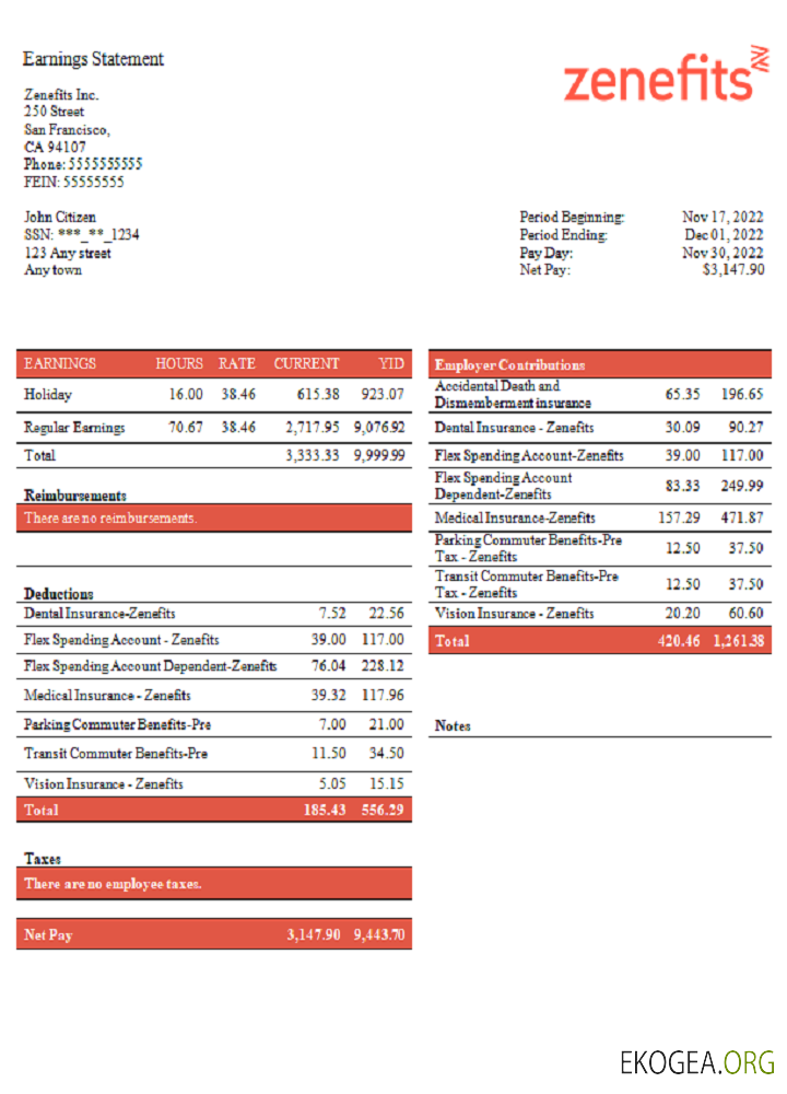 Fiche de paie de l'entreprise technologique américaine Zenefits
